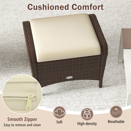 Set of 2 Outdoor Patio PE Wicker Ottomans with Removable Cushions-Beige