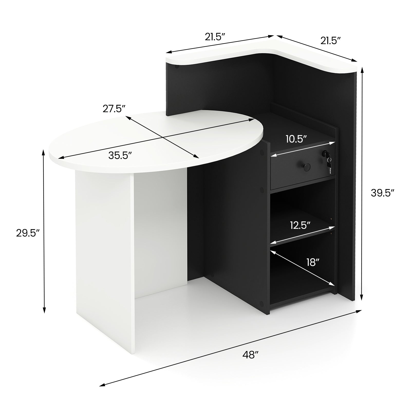 Front Reception Office Desk with Open Shelf and Drawer-Black & White
