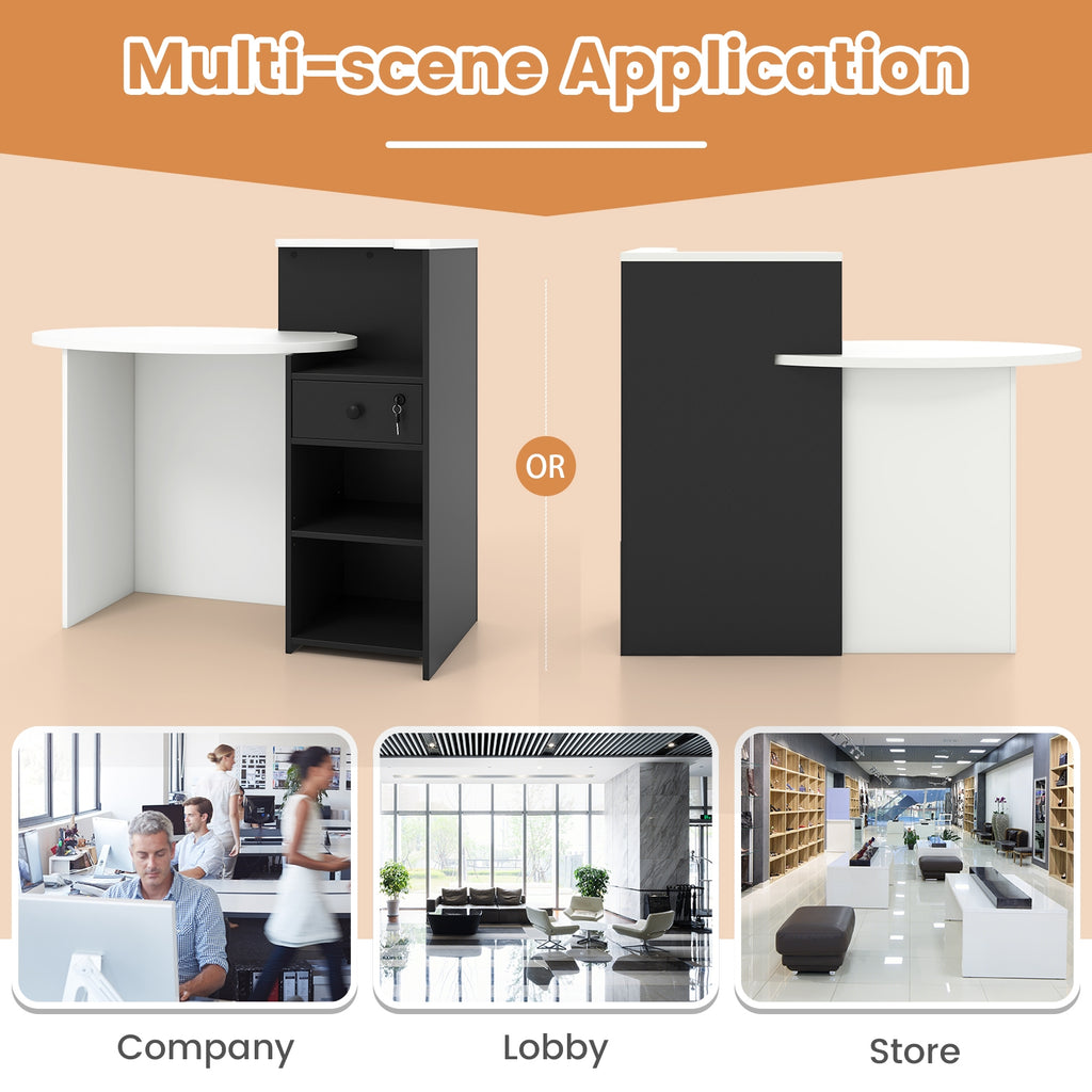 Front Reception Office Desk with Open Shelf and Drawer-Black & White