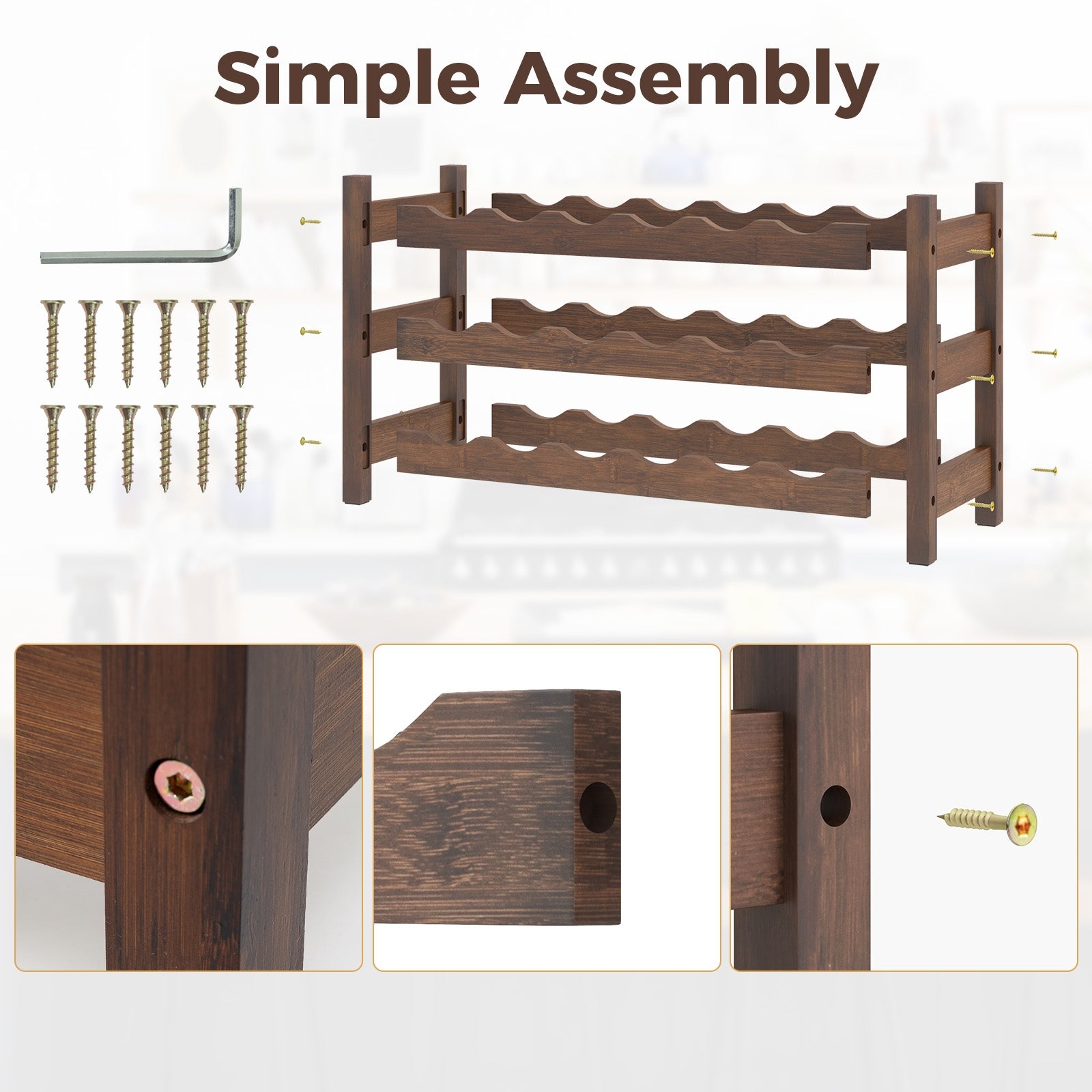 3-Tier Bamboo Freestanding Countertop Wine Bottle Organizer-Coffee