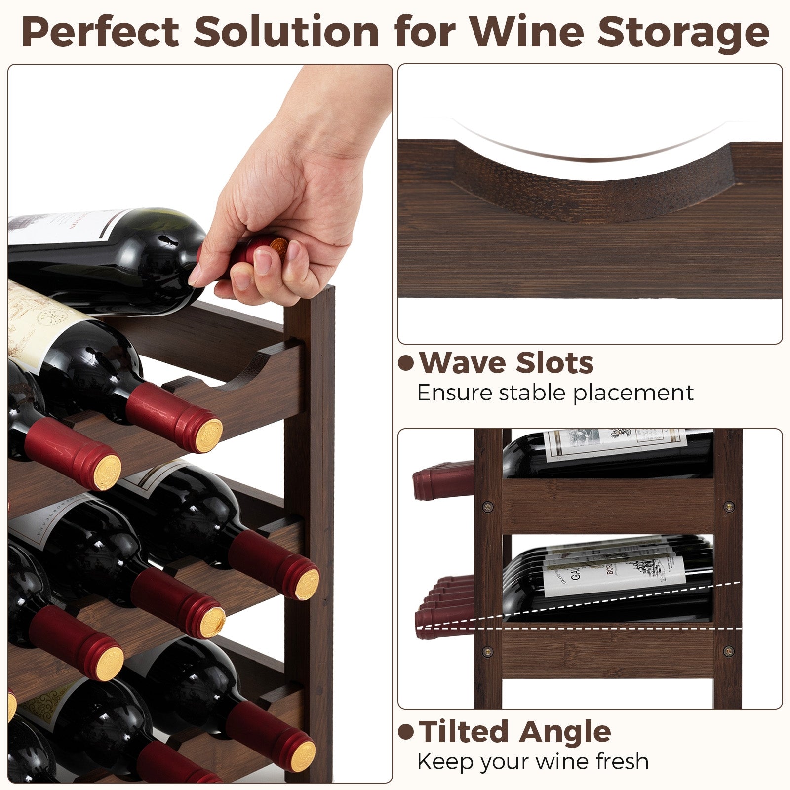 3-Tier Bamboo Freestanding Countertop Wine Bottle Organizer-Coffee