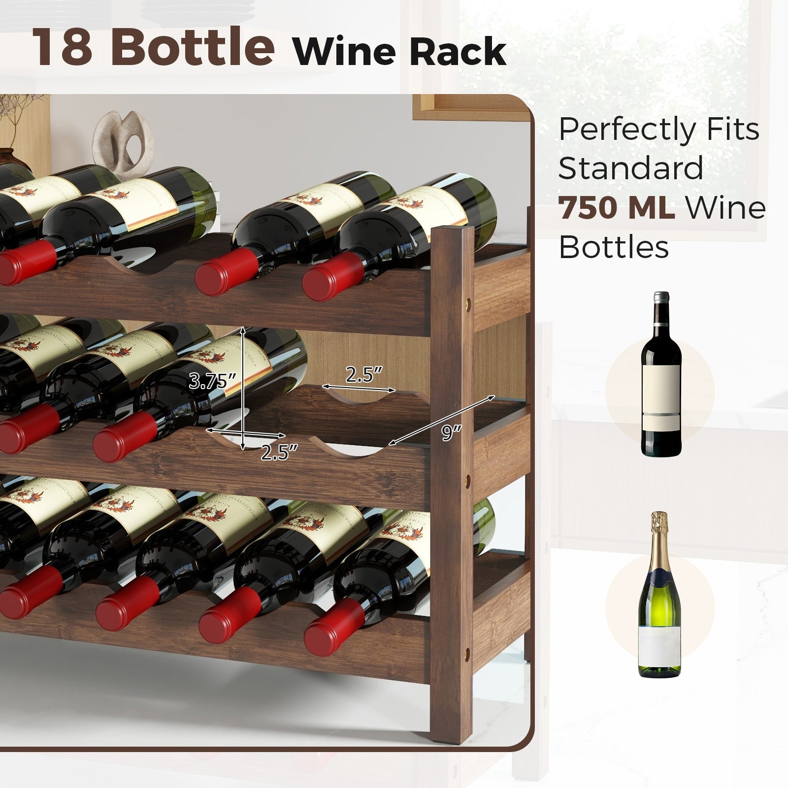 3-Tier Bamboo Freestanding Countertop Wine Bottle Organizer-Coffee