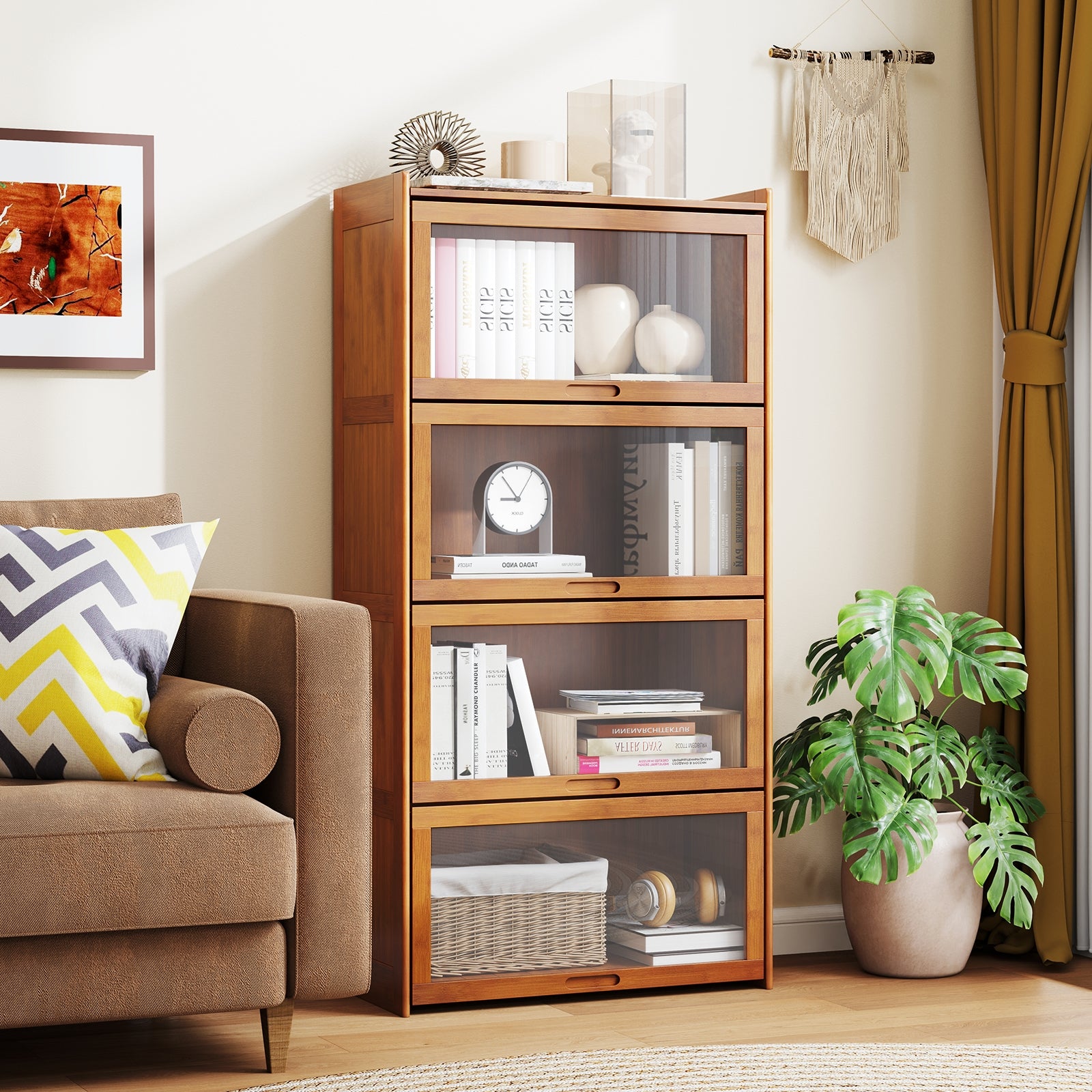 4-Tier Bamboo Bookcase with Doors for Study Room Living Room-Brown