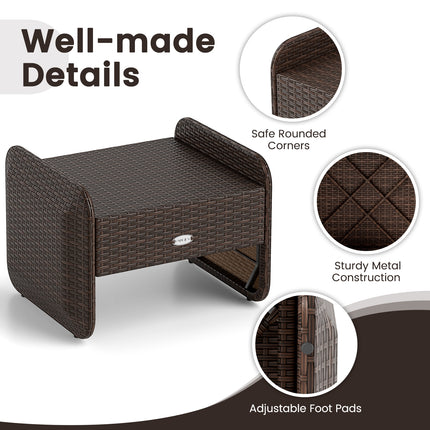 2 Pieces Outdoor Patio PE Wicker Ottomans with Removable Cushions-Brown