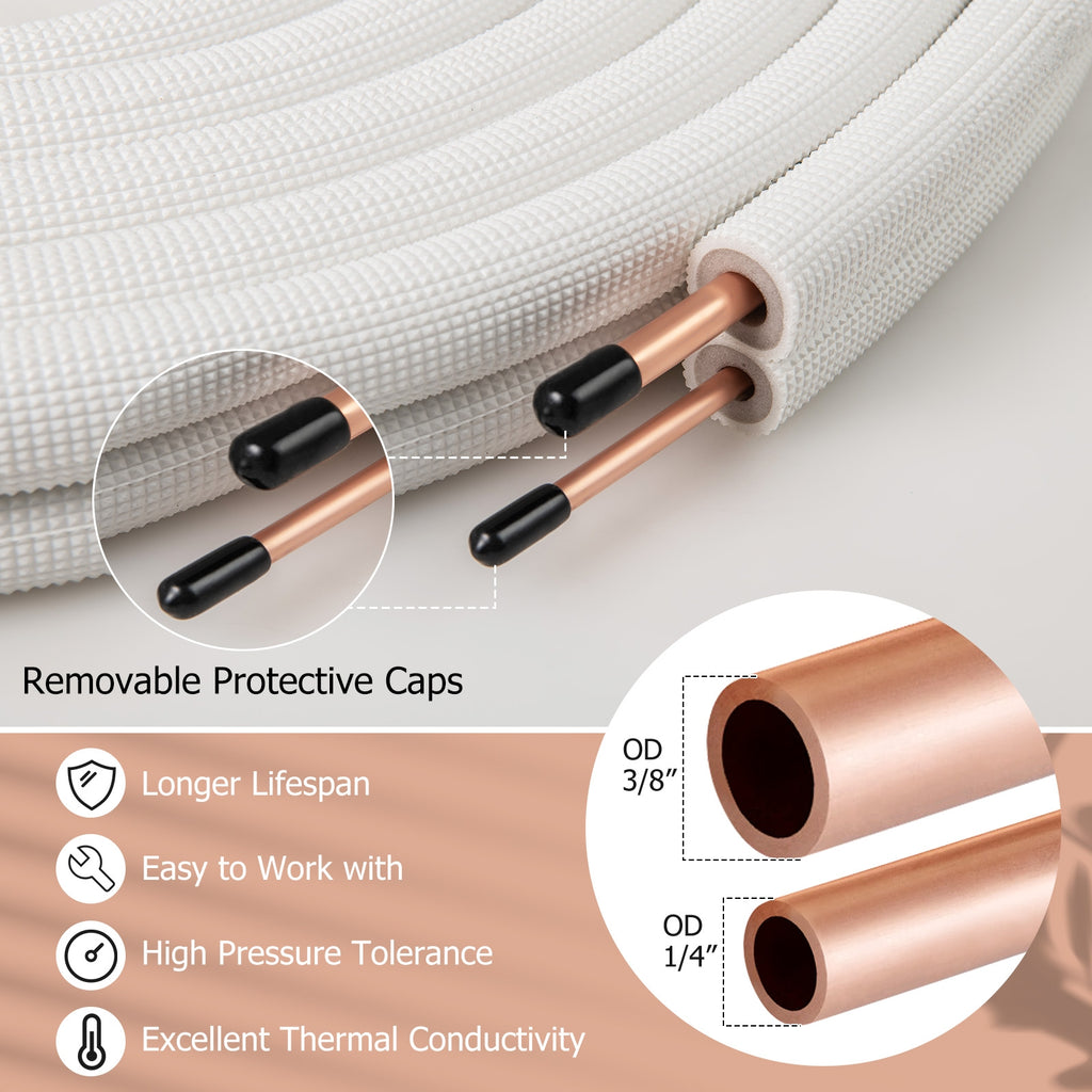 25 Feet Mini Split Line Set with 1/4 Inch and 3/8 Inch O.D. Copper Pipes Tubing