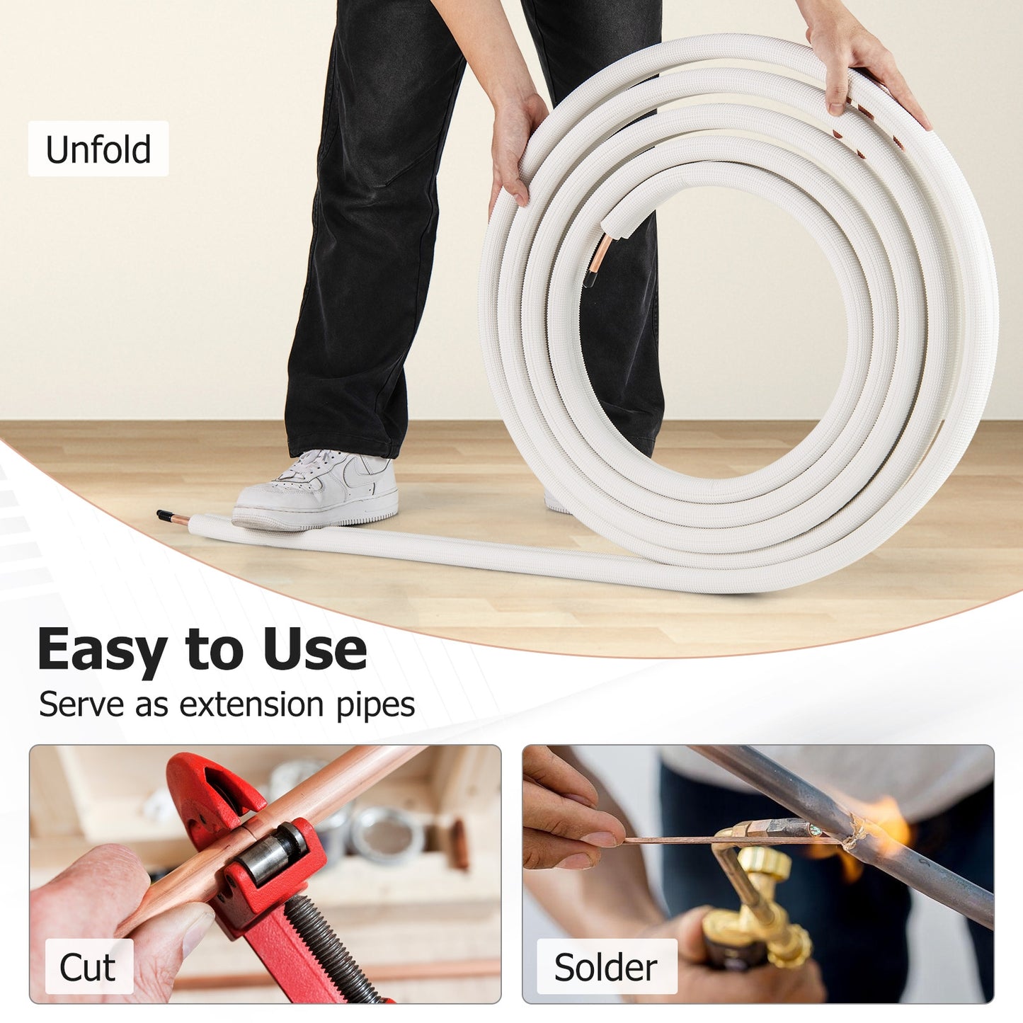 Person unfolding a roll of white pipes with text indicating they can be used as extension pipes.