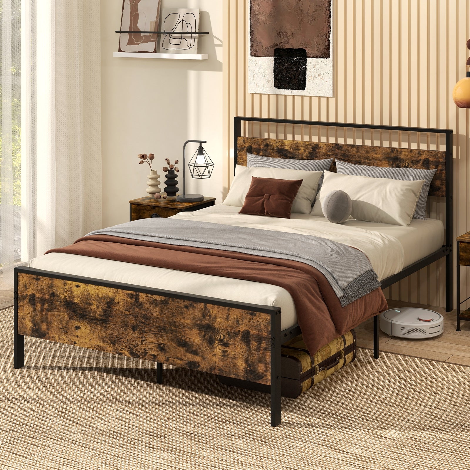 Full Metal Bed Frame Industrial Platform Bed with Wooden Headboard-Full Size