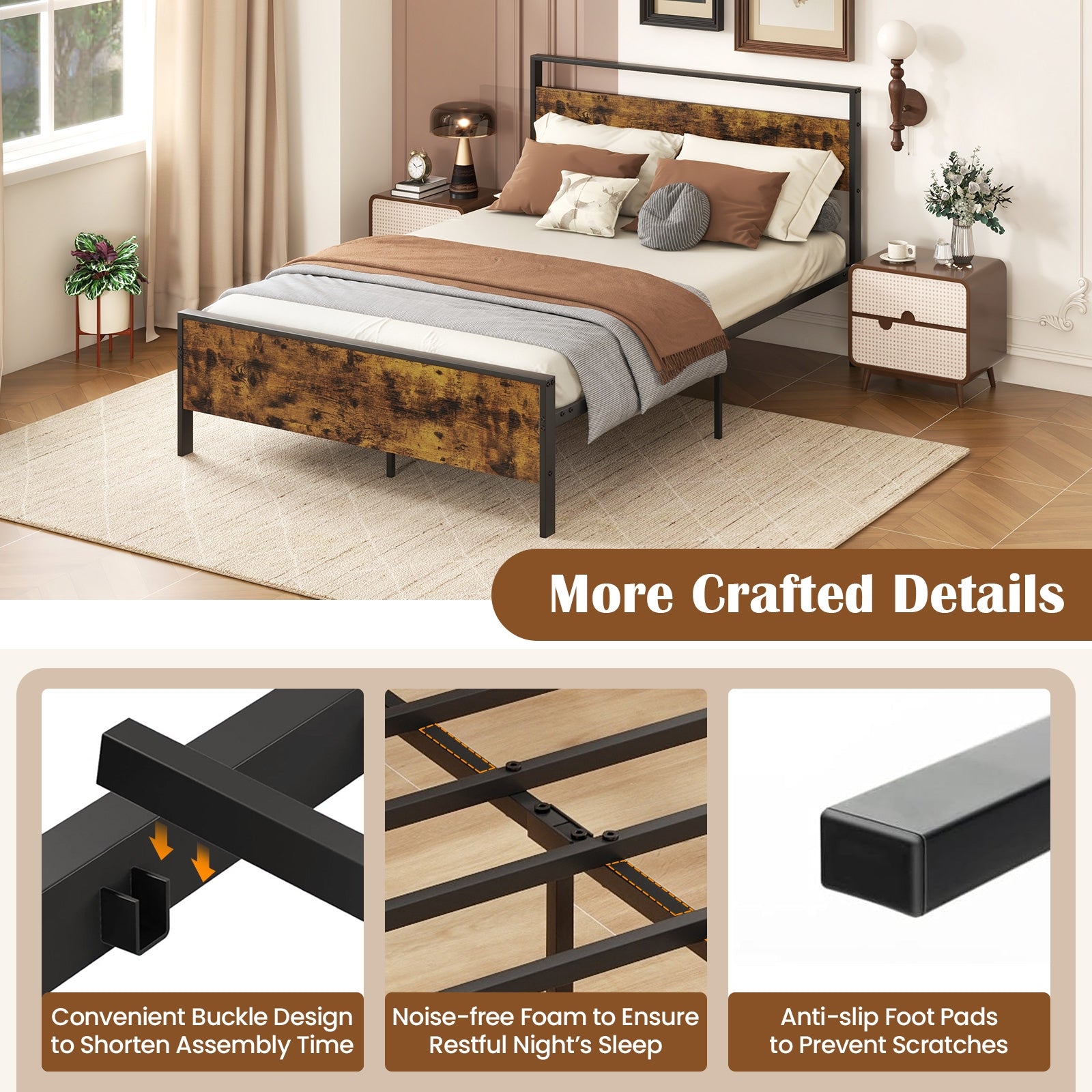 Full Metal Bed Frame Industrial Platform Bed with Wooden Headboard-Full Size