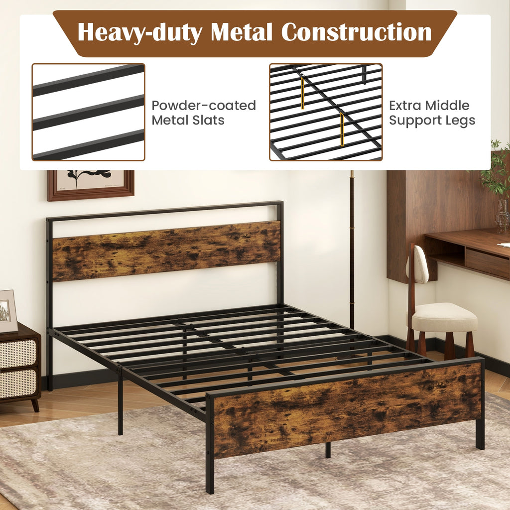 Queen Metal Bed Frame Industrial Platform Bed with Wooden Headboard-Queen Size