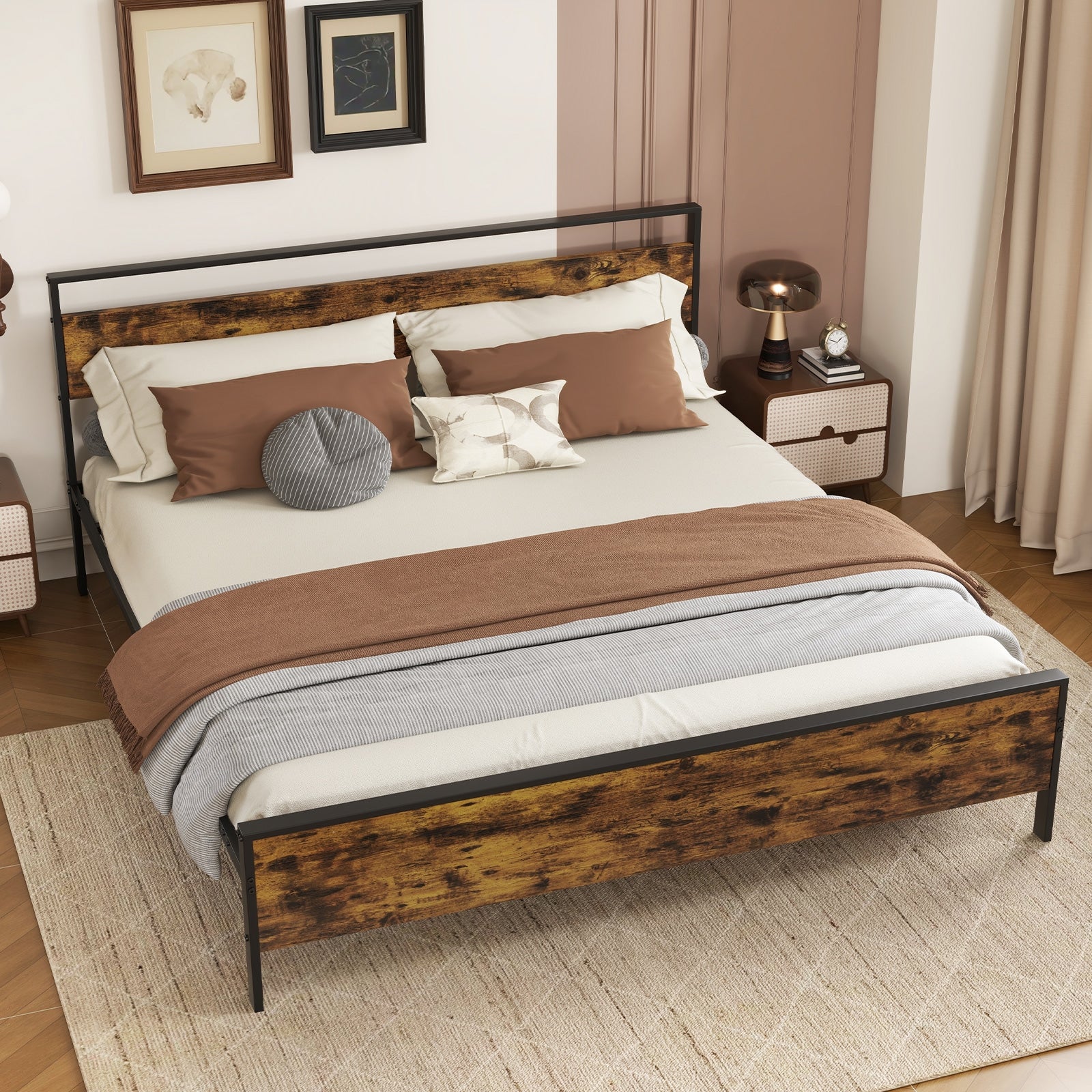 King Metal Bed Frame Industrial Platform Bed with Wooden Headboard-King Size