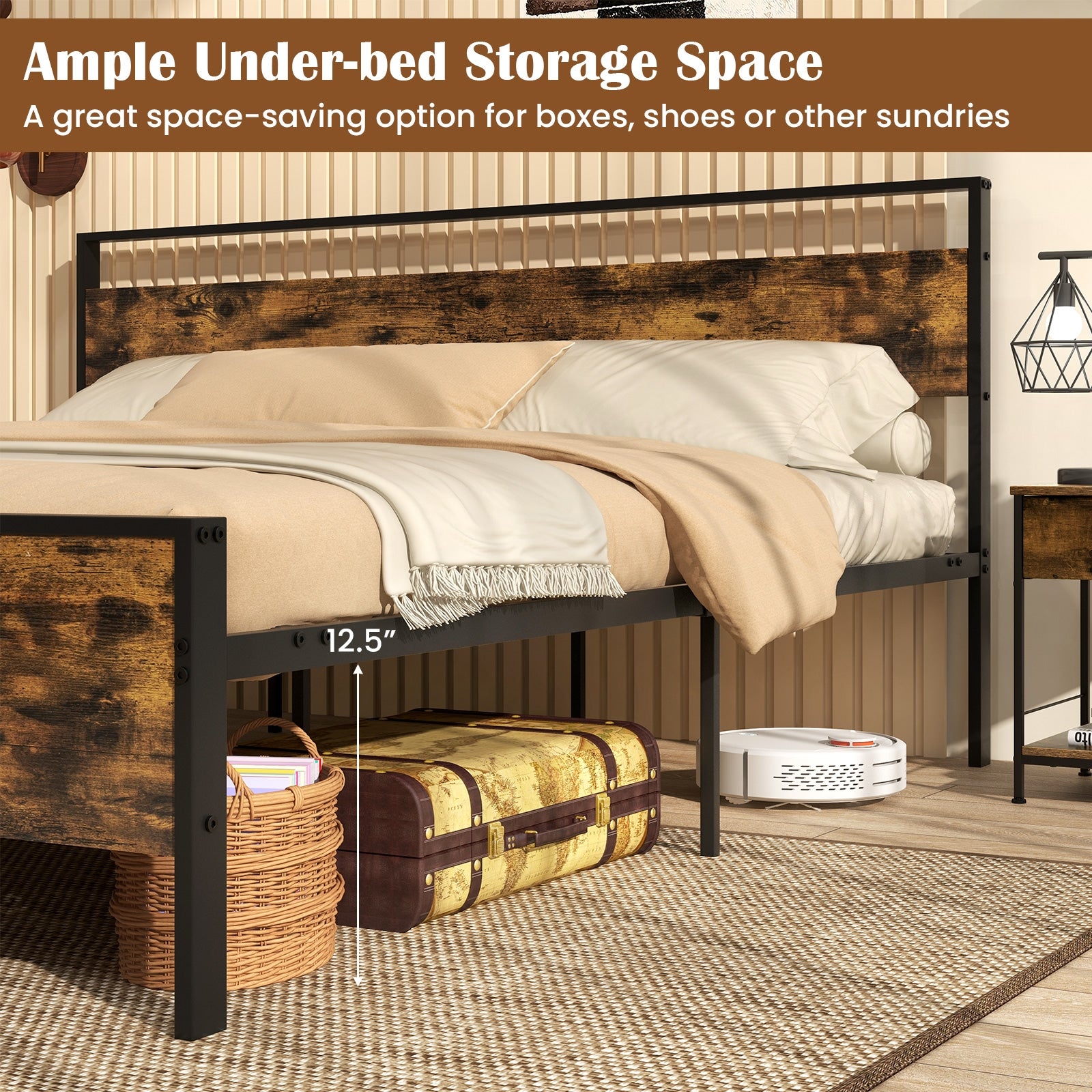 King Metal Bed Frame Industrial Platform Bed with Wooden Headboard-King Size