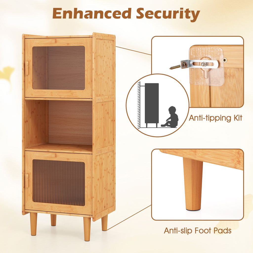 3-Cube Bamboo Storage Cabinet with Open Compartment and 2 Acrylic Doors-Natural