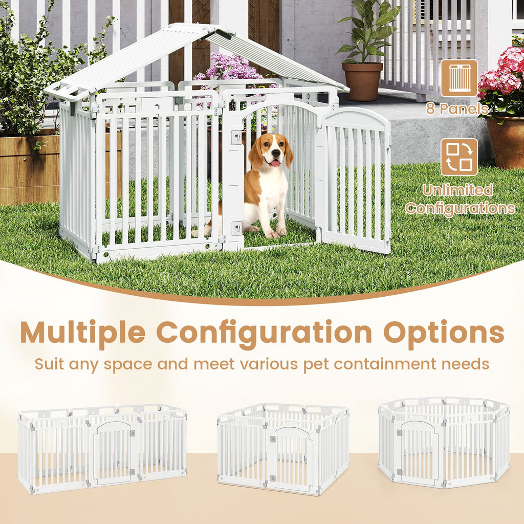 8-Panel Tall Plastic Dog Fence Indoor Outdoor Puppy Pen with Locking Door-White