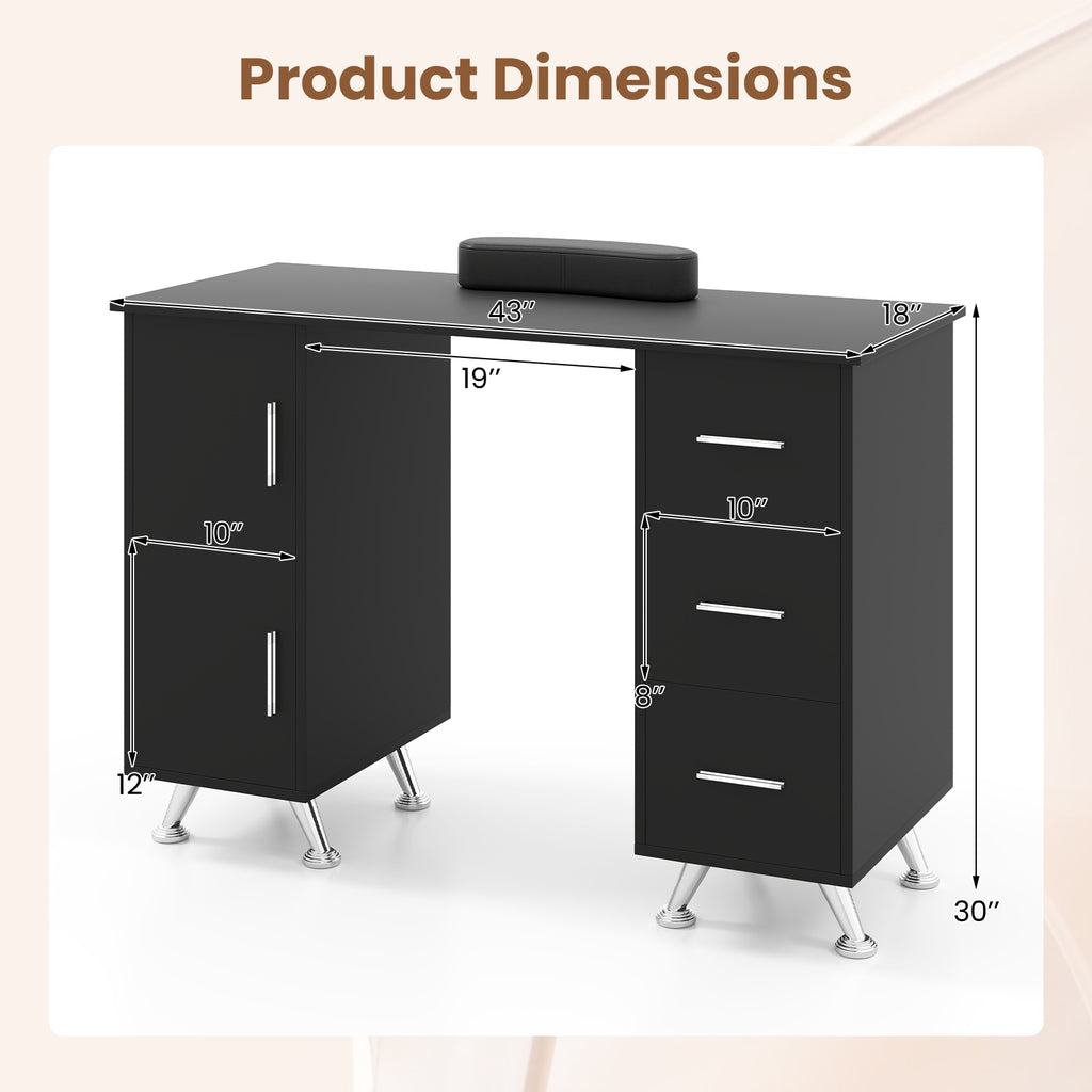 Wooden Manicure Table Nail Desk with Drawers Wrist Rest-Black
