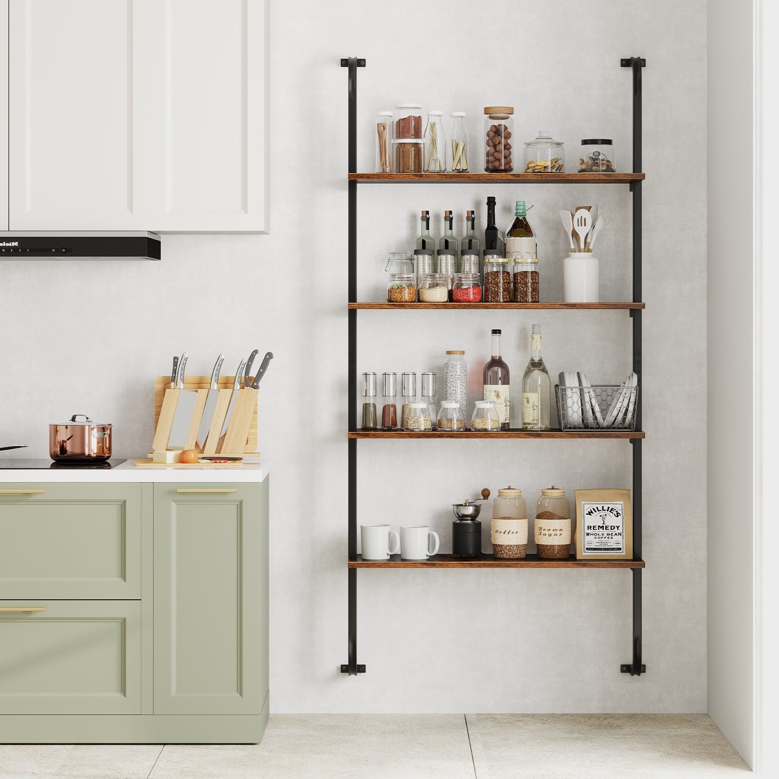4-Tier Industrial Pipe Shelving with Metal Frame for Living Room Kitchen-Rustic Brown