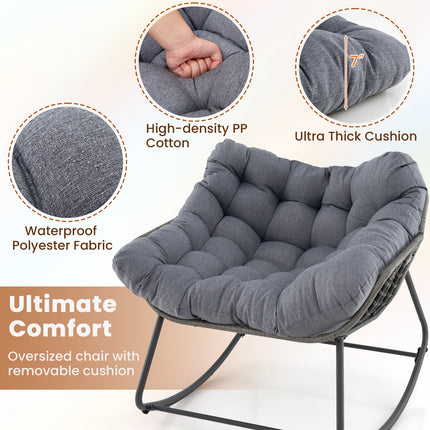 Outdoor Rocking Chair Oversized Patio PE Wicker Egg Chair with Cushion-Gray