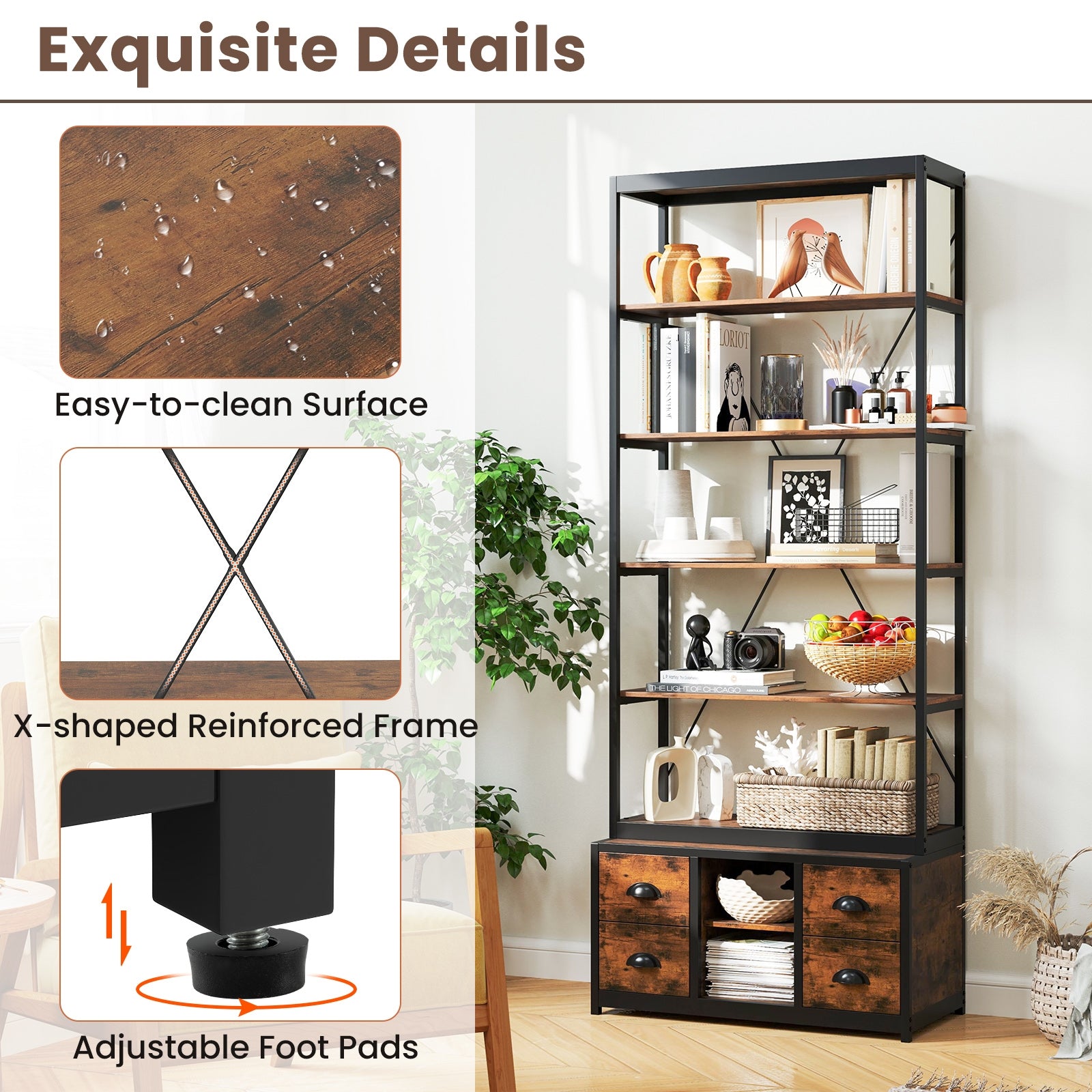 8-tier Bookshelf with 4 Fabric Drawers  and Heavy-duty Metal Frame-Coffee
