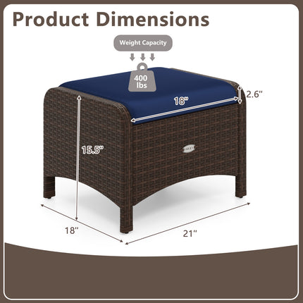 2 Pieces Outdoor Patio PE Wicker Ottomans with Removable Cushions-Navy