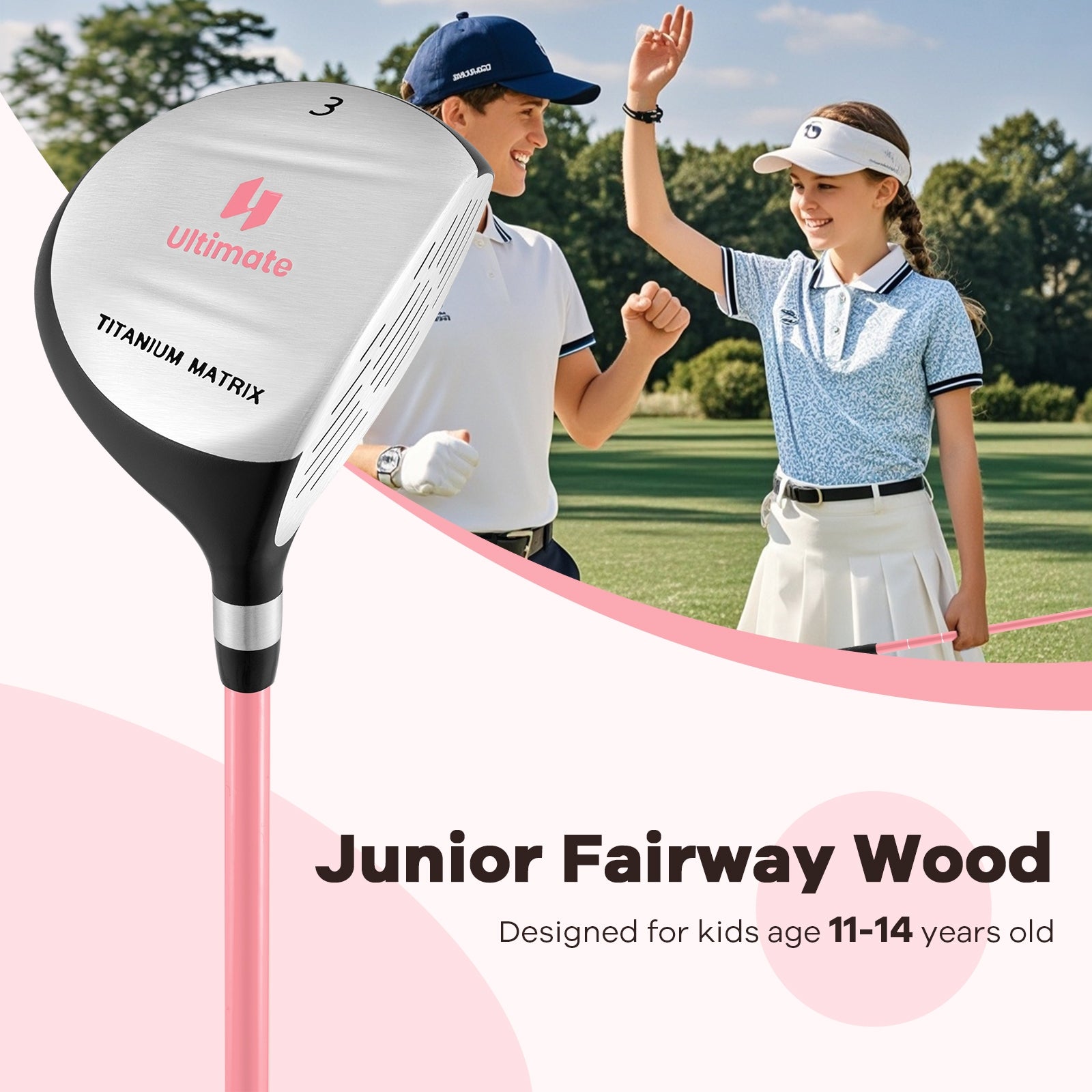 38 Inch 165CC Junior #3 Fairway Wood Golf Club with Fiberglass Shaft for Kids Ages 11-14-Pink