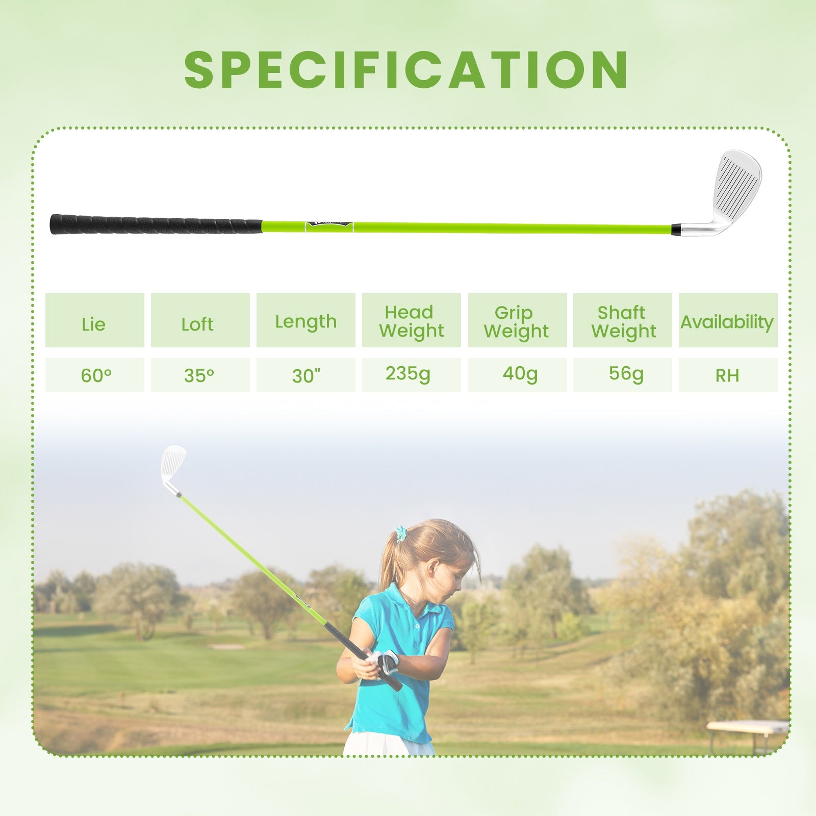 Individual Gold Club for Boys and Girls with Fiberglass Shaft and Headcover-Green