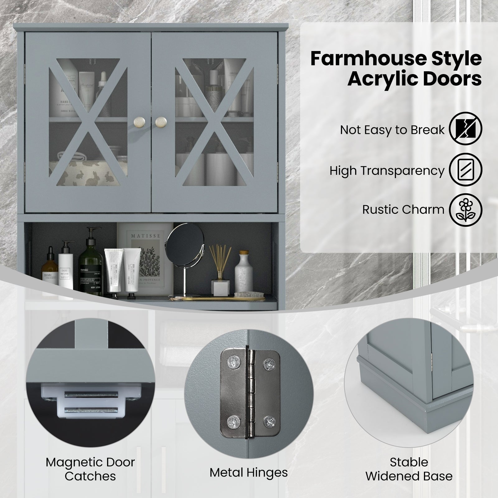 Tall Bathroom Cabinet Large Floor Storage Cabinet with Acrylic Doors and 3 Cubes-Gray