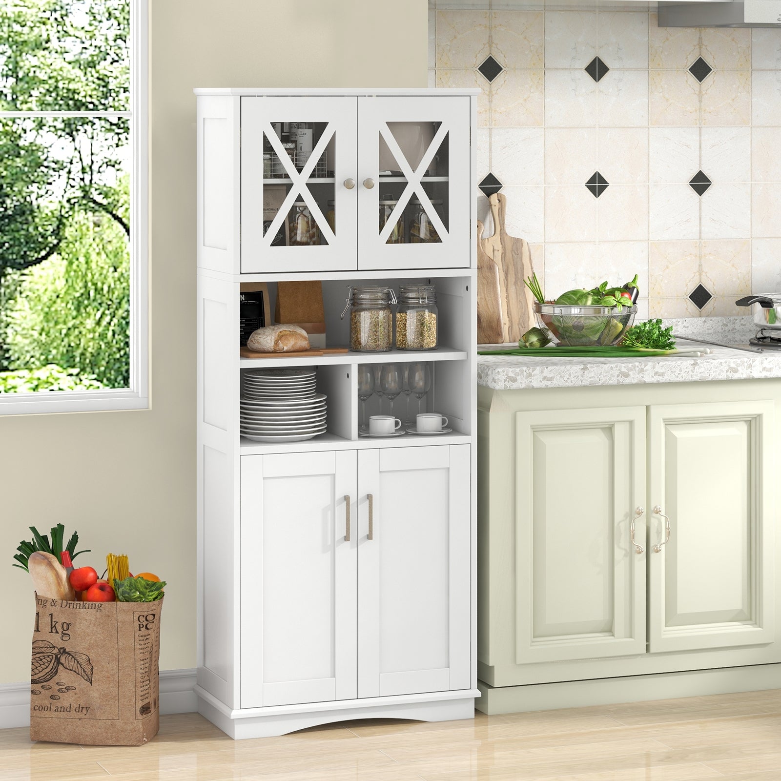 Tall Bathroom Cabinet Large Floor Storage Cabinet with Acrylic Doors and 3 Cubes-White