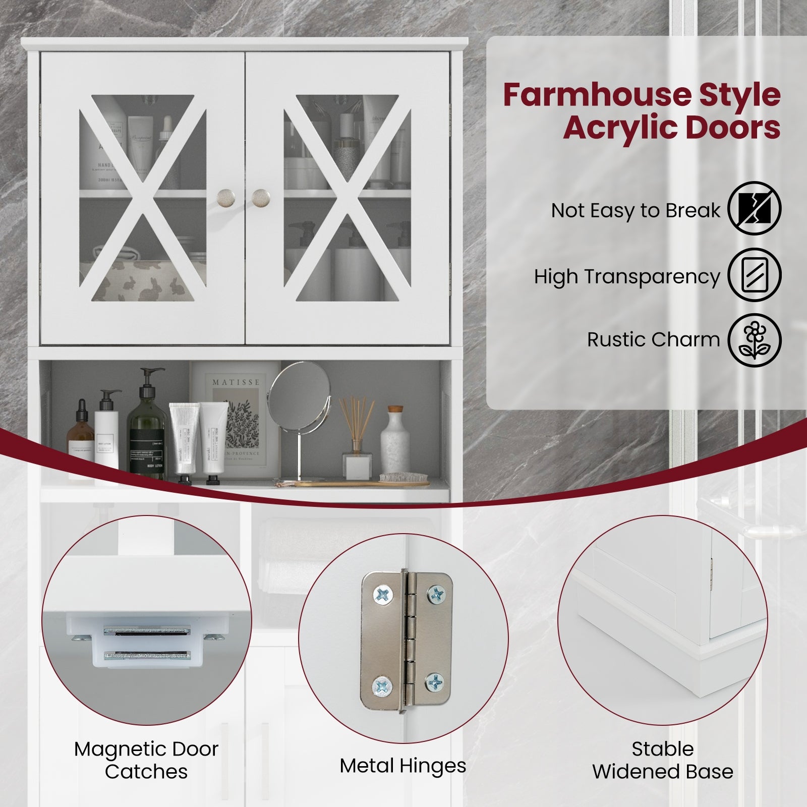 Tall Bathroom Cabinet Large Floor Storage Cabinet with Acrylic Doors and 3 Cubes-White