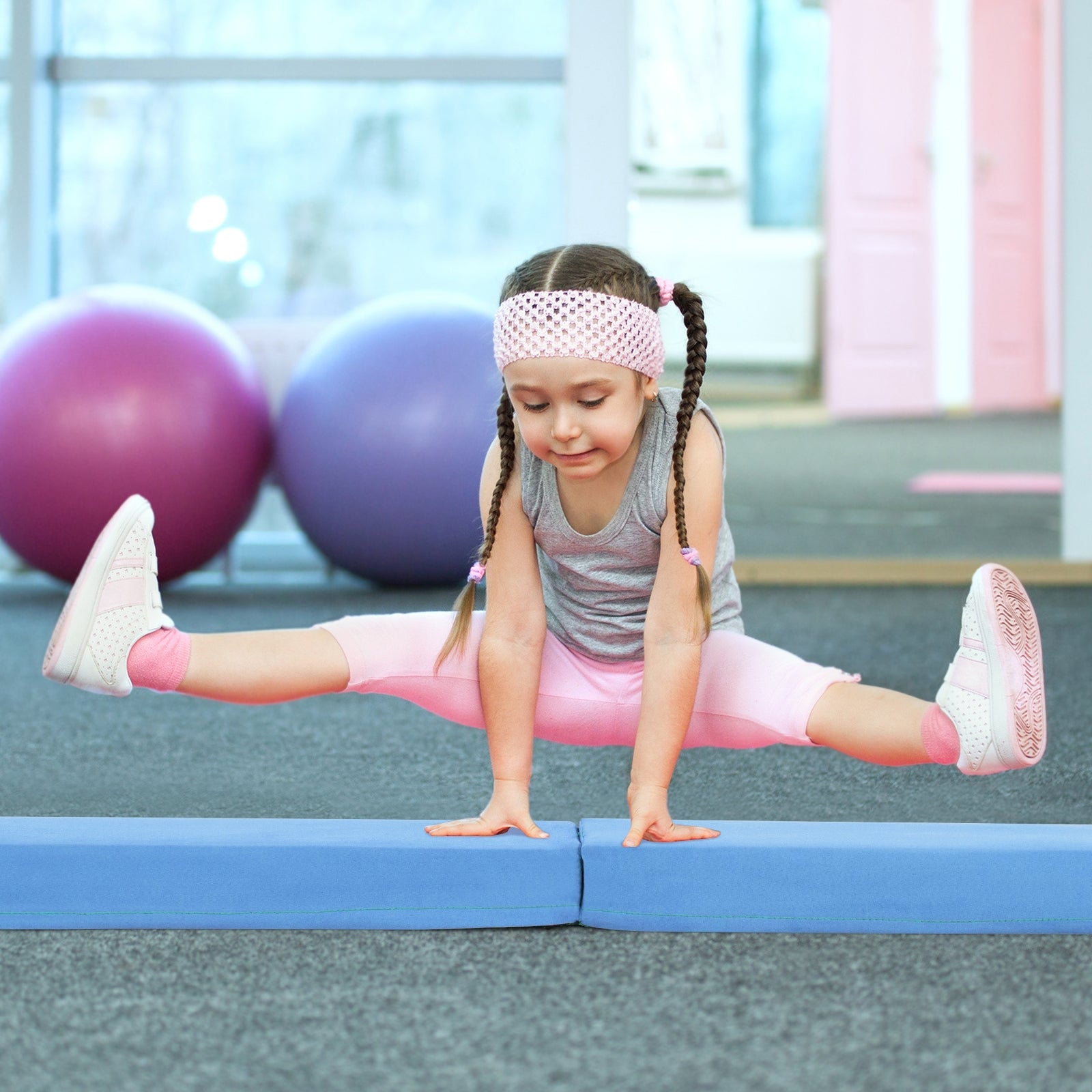 7 FT Folding Balance Beam with Removable Suede Cover and Non-slip Bottom-Navy