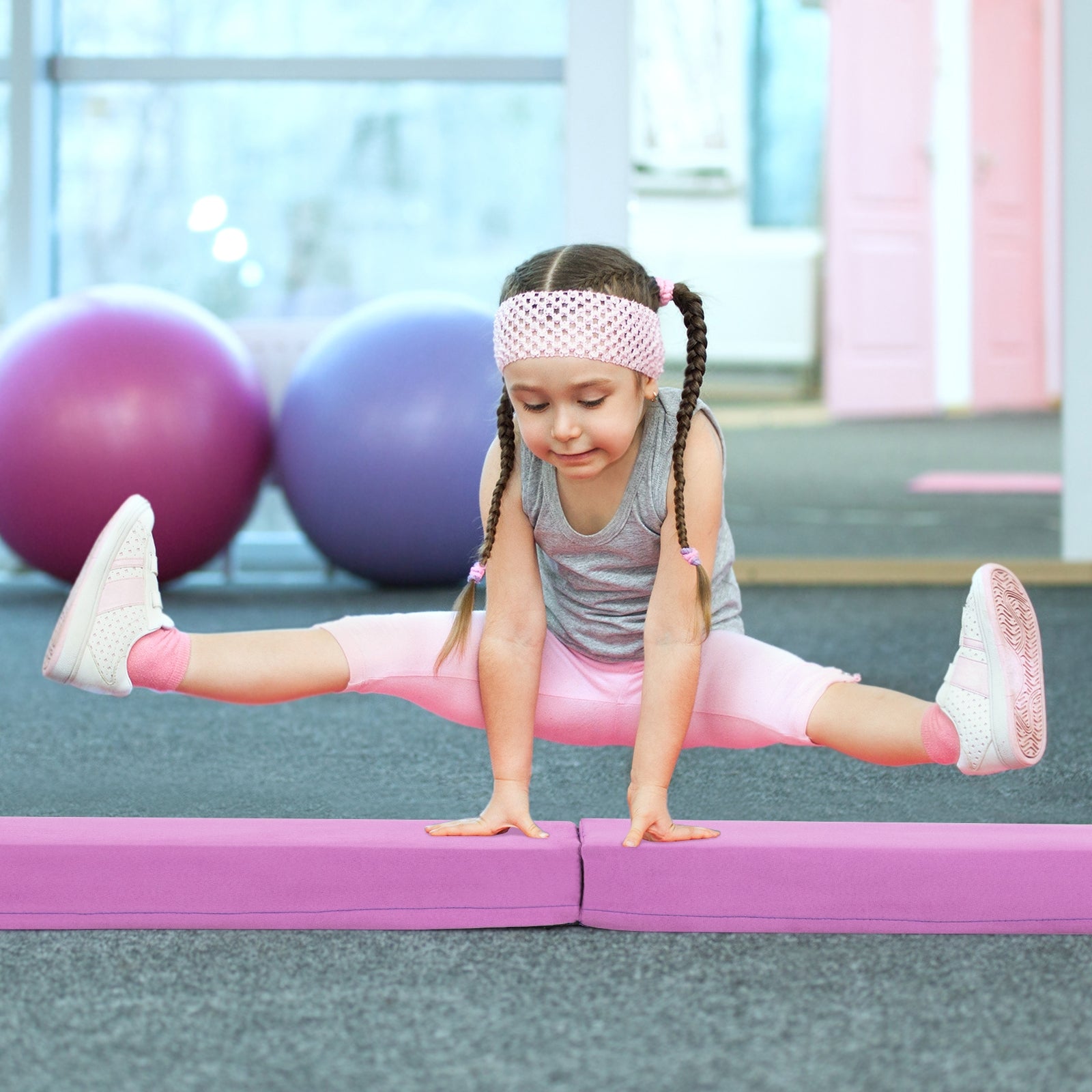 7 FT Folding Balance Beam with Removable Suede Cover and Non-slip Bottom-Purple