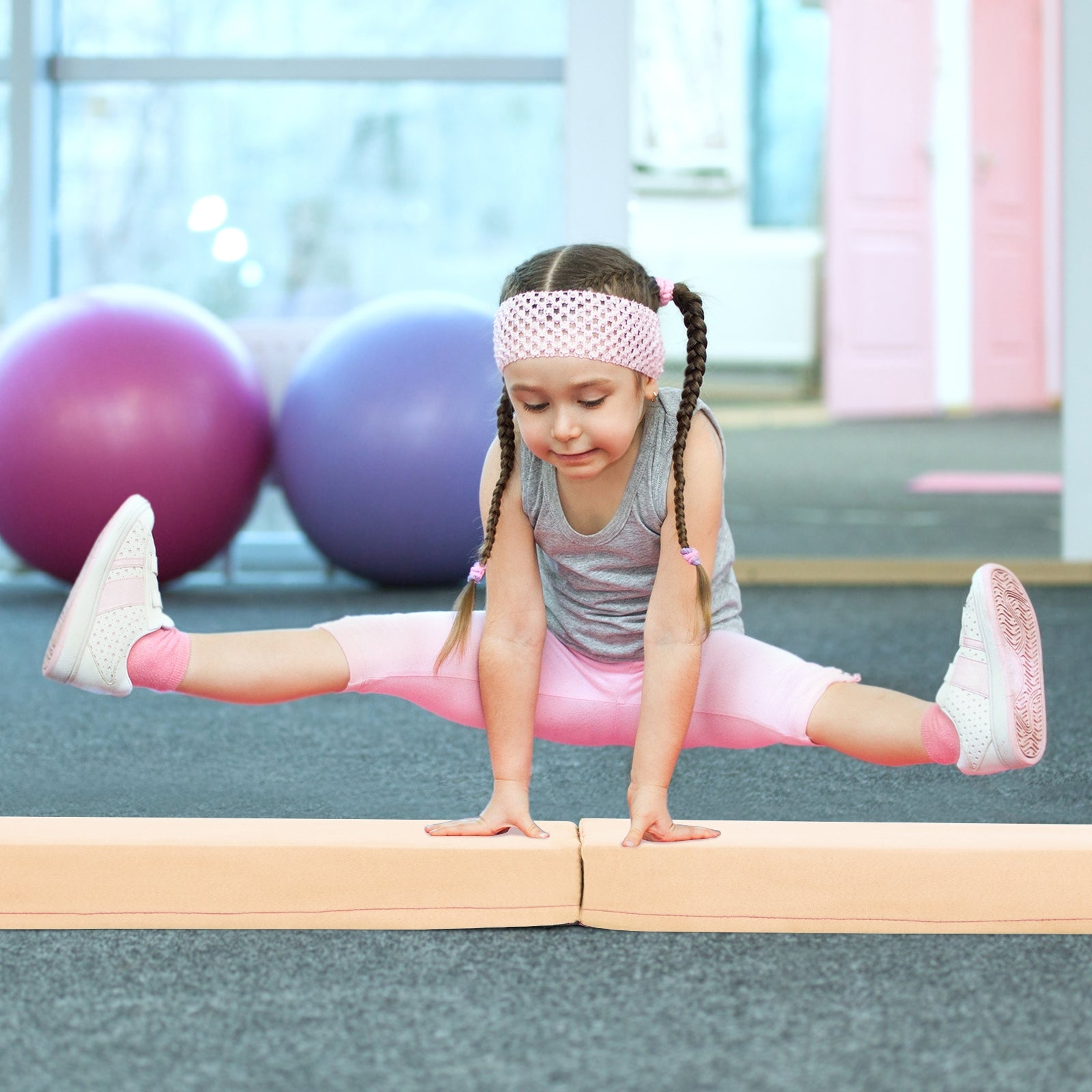 7 FT Folding Balance Beam with Removable Suede Cover and Non-slip Bottom-Khaki