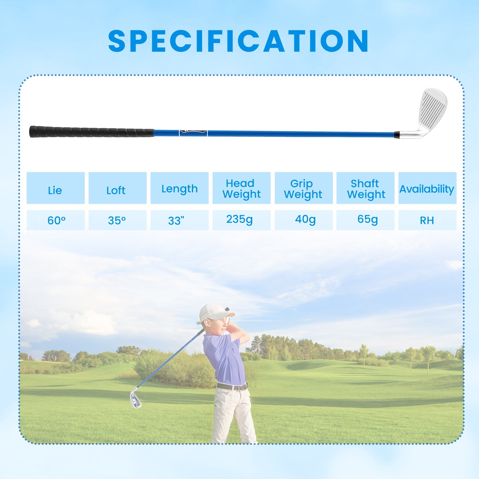 Junior #7 Iron for Kids with Fiberglass Shaft and Headcover-Blue