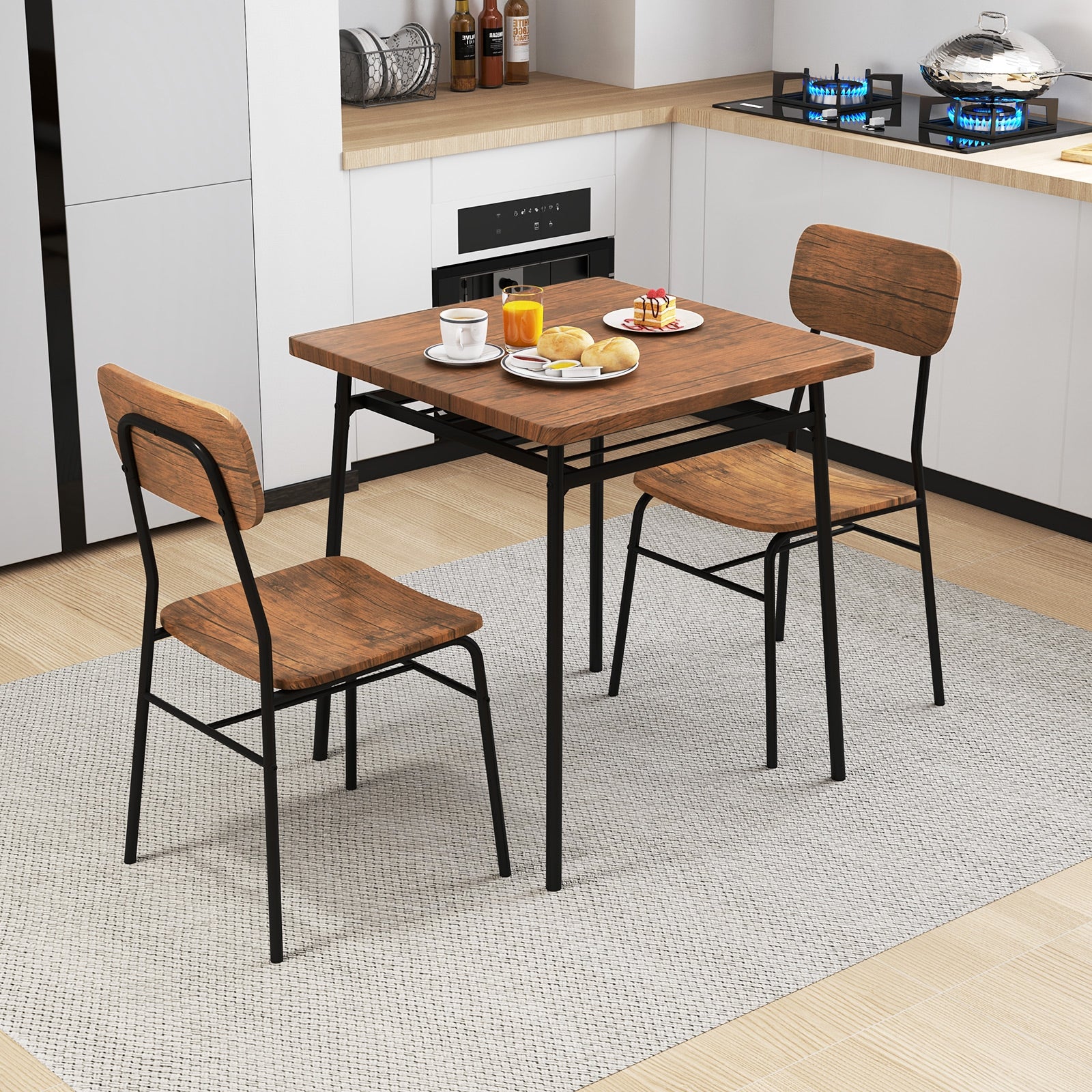 3 Piece Dining Table Set for 2 Wood Square Table with Metal Frame-Brown