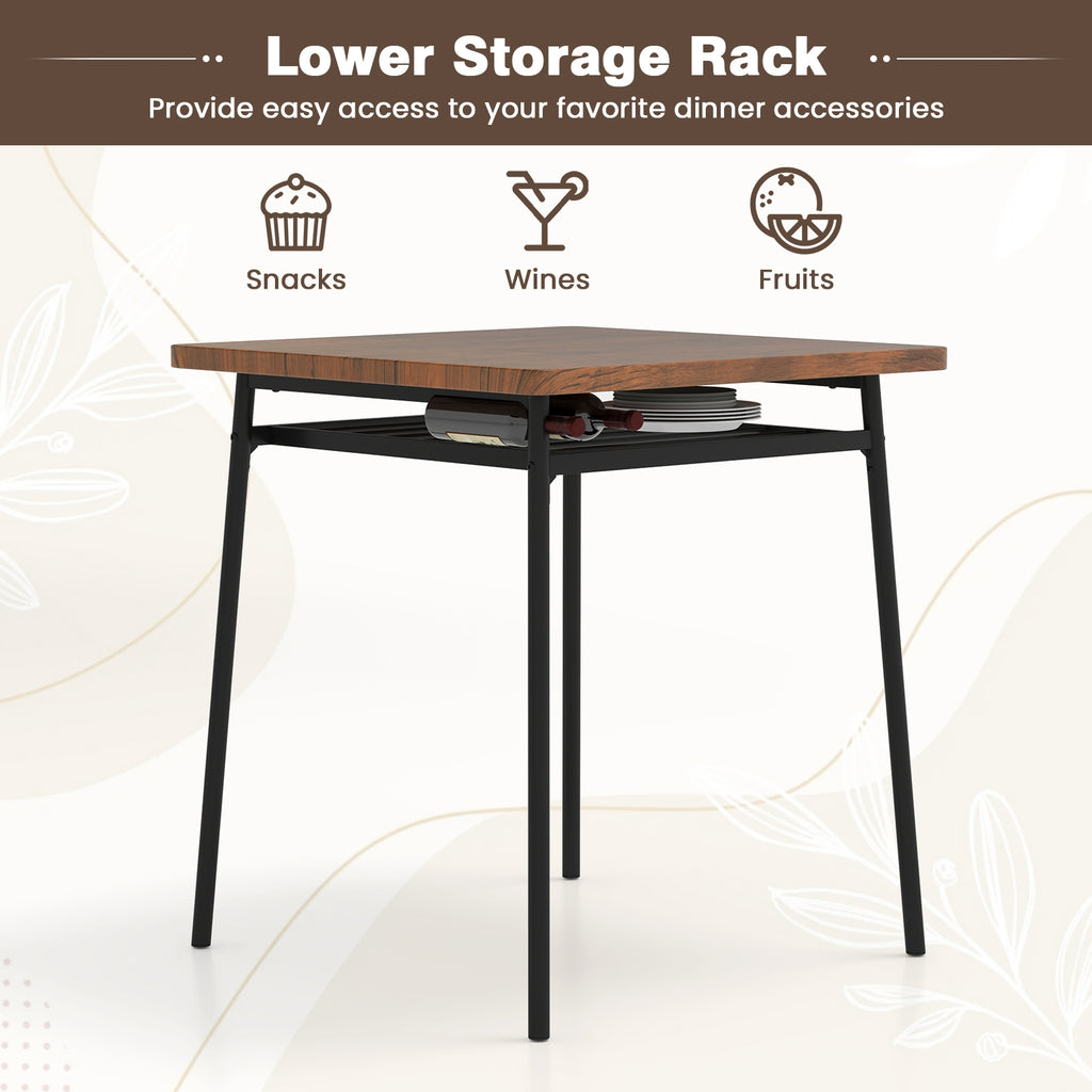 3 Piece Dining Table Set for 2 Wood Square Table with Metal Frame-Brown