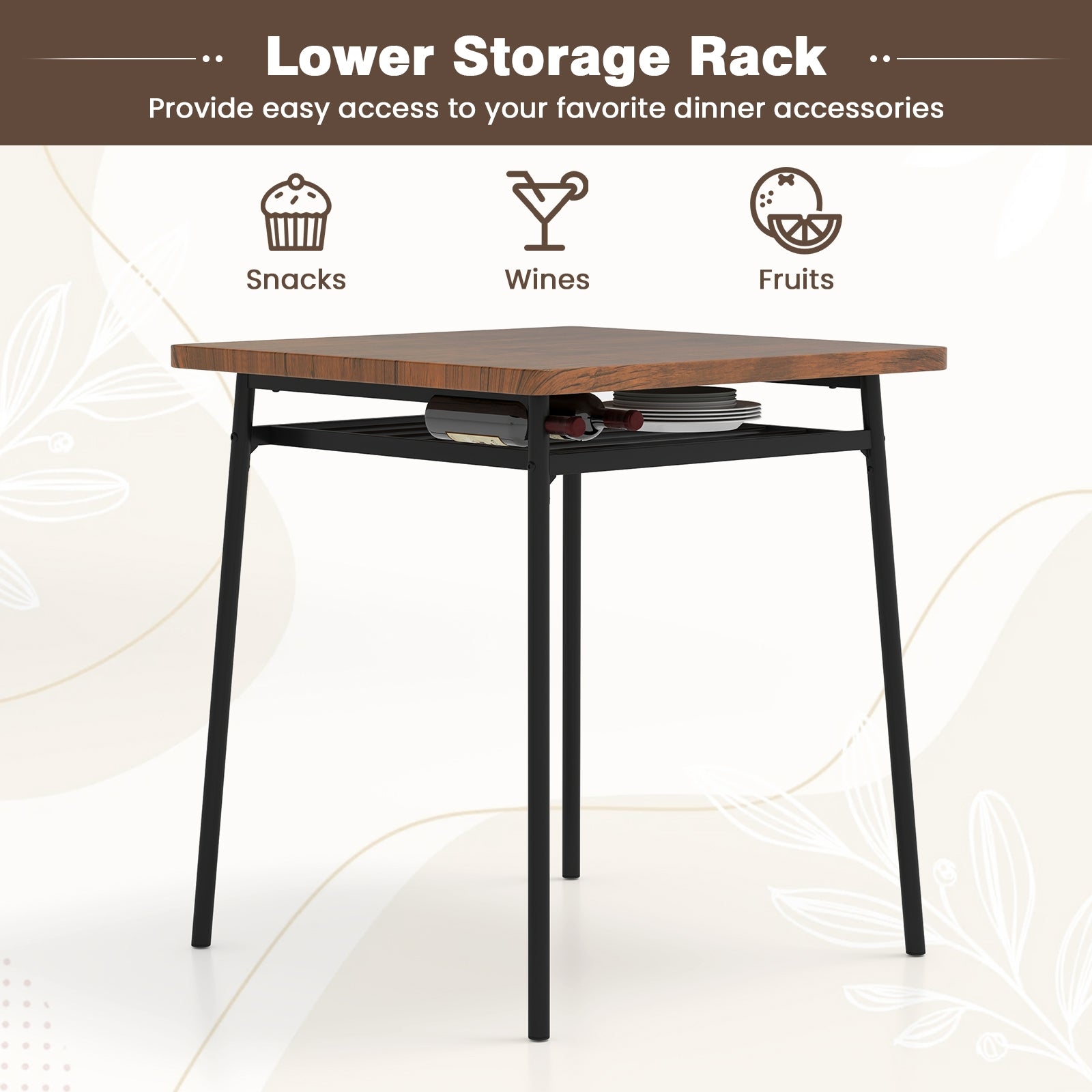 3 Piece Dining Table Set for 2 Wood Square Table with Metal Frame-Brown