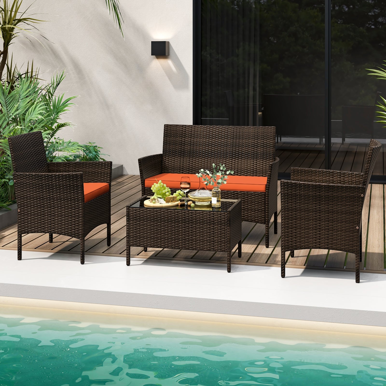 Ensemble de conversation de patio en rotin 4 pièces avec coussins d'assise confortables-Orange