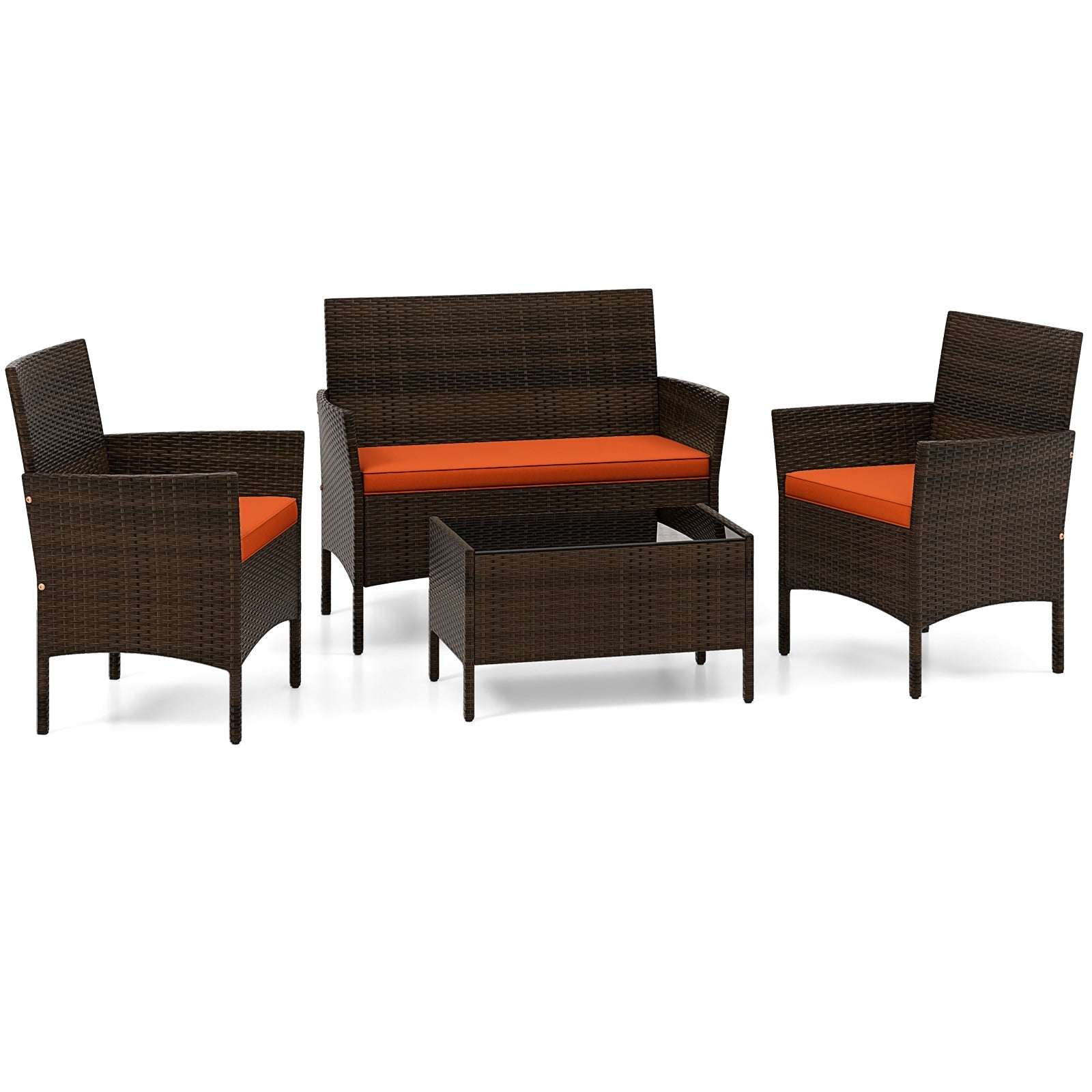 Ensemble de conversation de patio en rotin 4 pièces avec coussins d'assise confortables-Orange