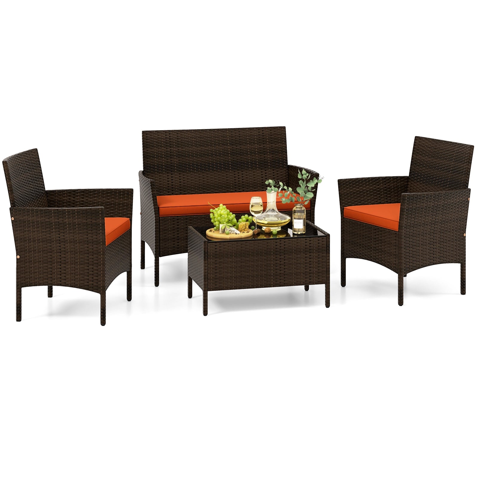 Ensemble de conversation de patio en rotin 4 pièces avec coussins d'assise confortables-Orange