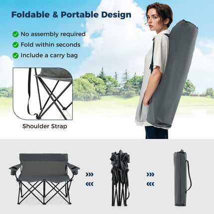 Double Camping Chair 2-Person Outdoor Folding Loveseat with Cup Holders-Gray