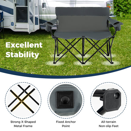 Double Camping Chair 2-Person Outdoor Folding Loveseat with Cup Holders-Gray