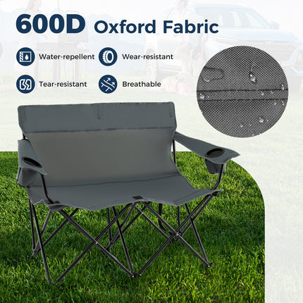 Double Camping Chair 2-Person Outdoor Folding Loveseat with Cup Holders-Gray