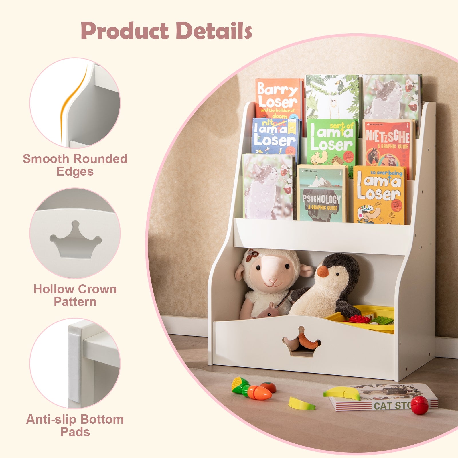4-Tier Kids Bookshelf with Shelves and Compartment for Toddlers-White