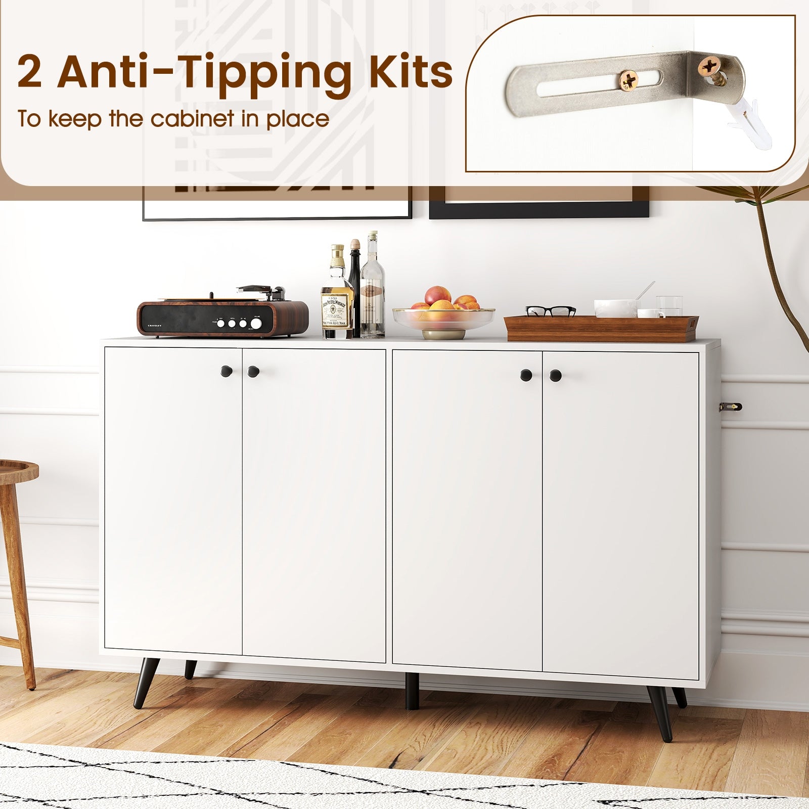 Buffet Sideboard Mid Century Modern Storage Cabinet with Adjustable Shelves-White