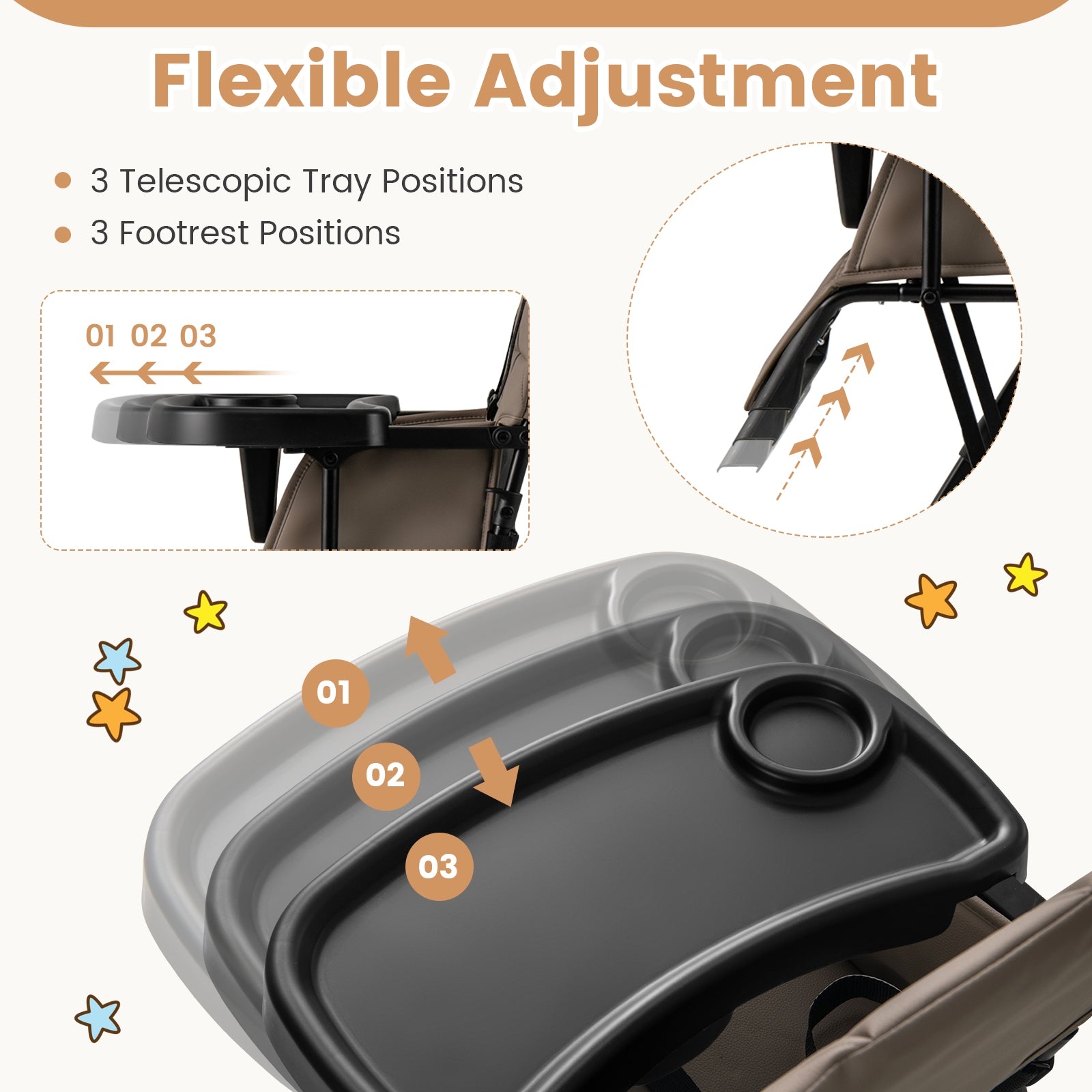 Easy Clean Compact Highchair with Removable Adjustable Tray and PU Seat Cushion-Brown