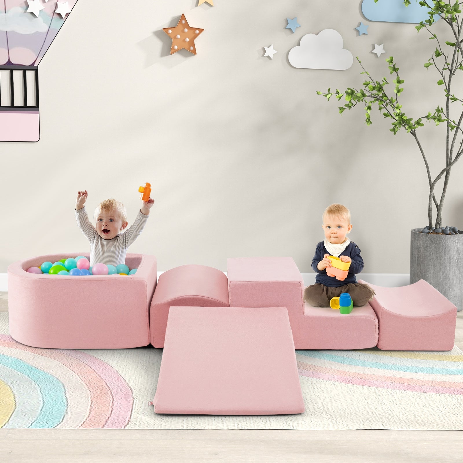 5-Piece Climb and Crawl Playset with Ball Pit for Kids-Pink