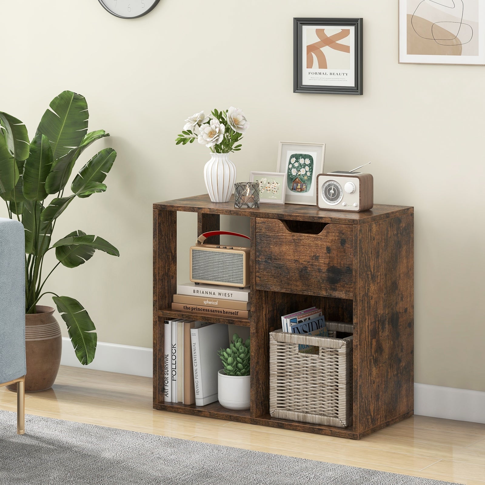3-Cube Bookcase 2-tier Wooden Storage Shelf with Pull-out Drawer-Brown