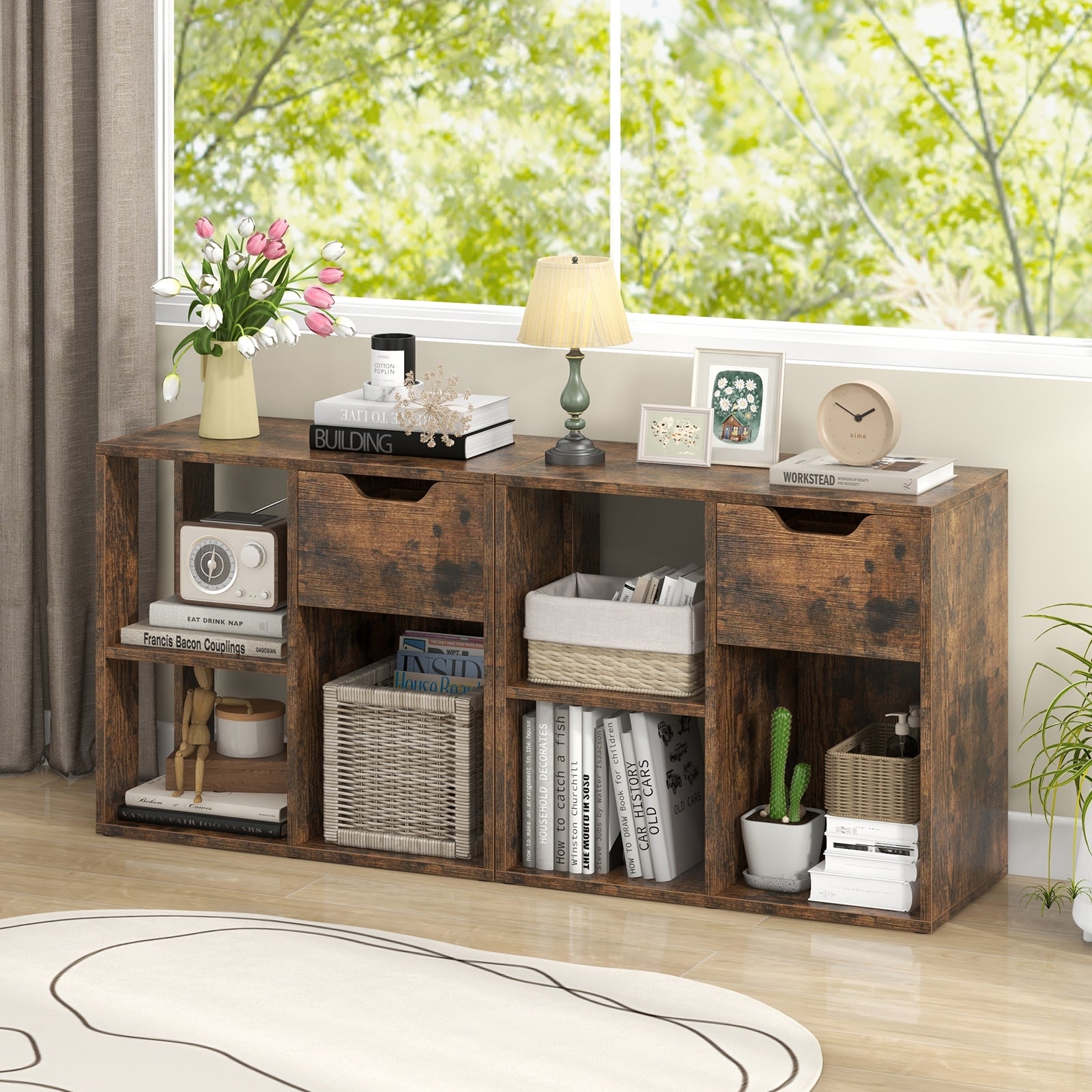 3-Cube Bookcase 2-tier Wooden Storage Shelf with Pull-out Drawer-Brown