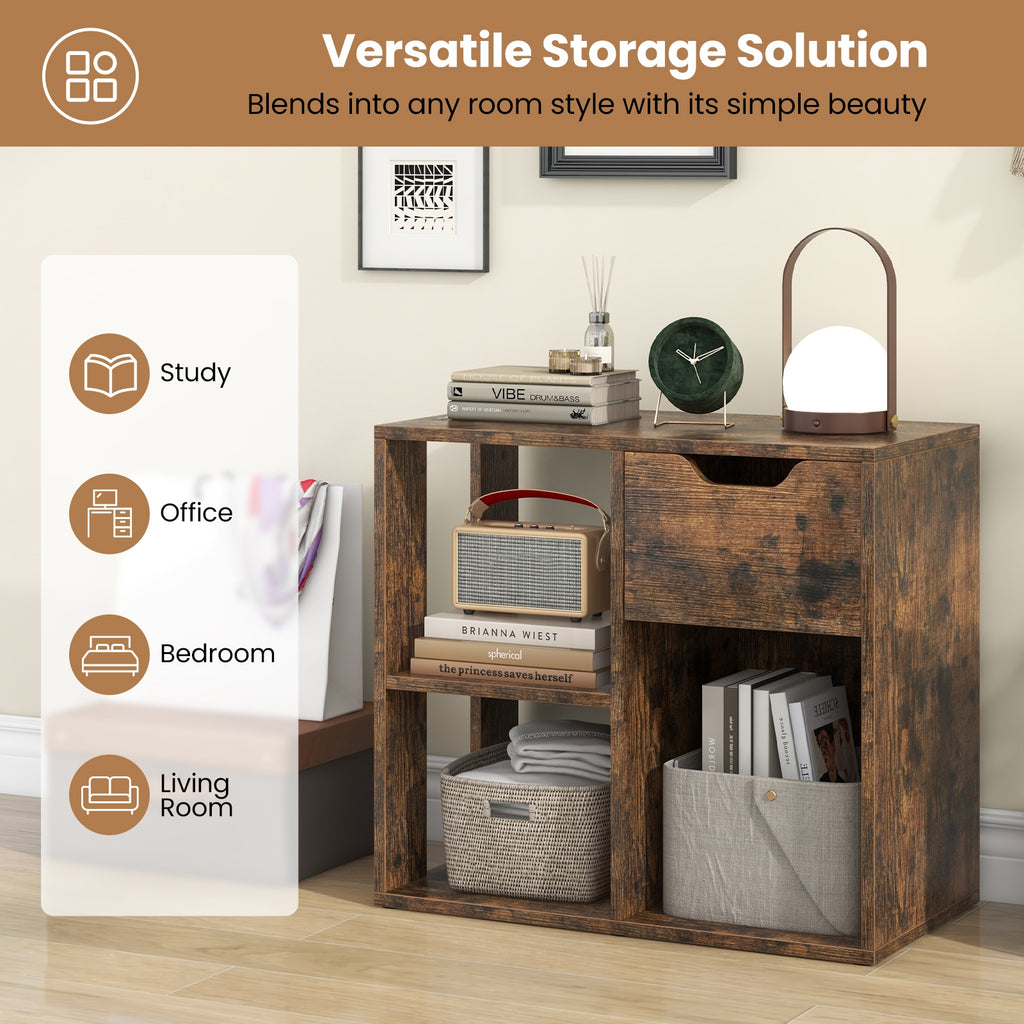 3-Cube Bookcase 2-tier Wooden Storage Shelf with Pull-out Drawer-Brown