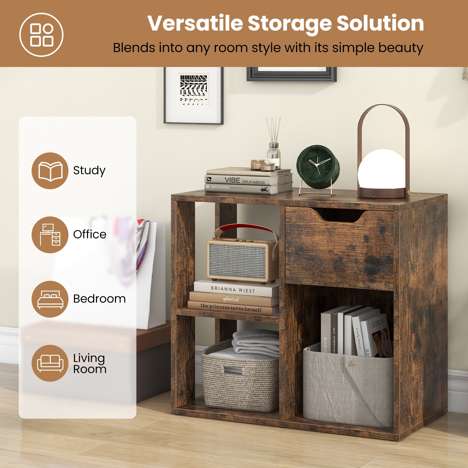 3-Cube Bookcase 2-tier Wooden Storage Shelf with Pull-out Drawer-Brown