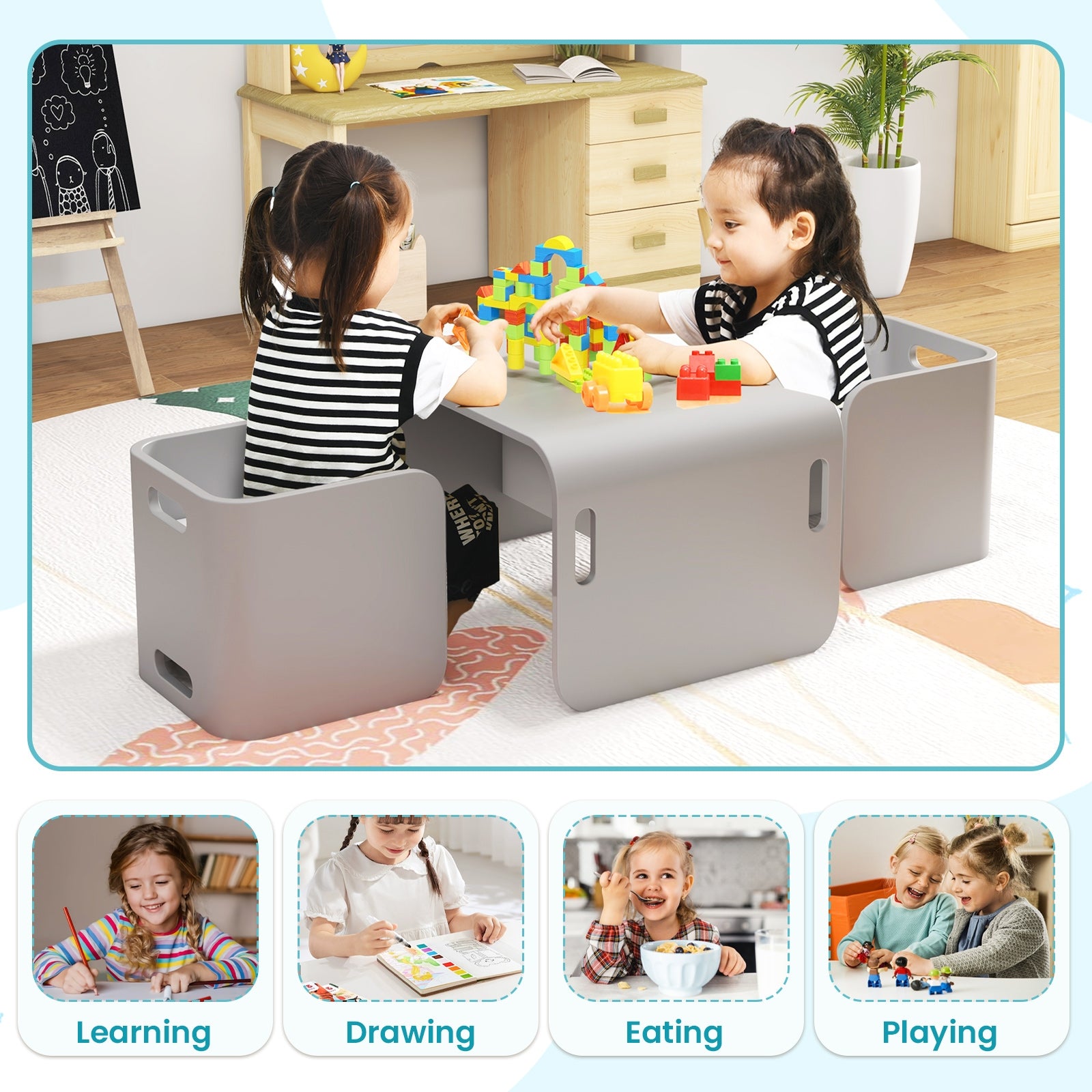 3 Pieces Kids Wooden Table and Chair Set-Gray
