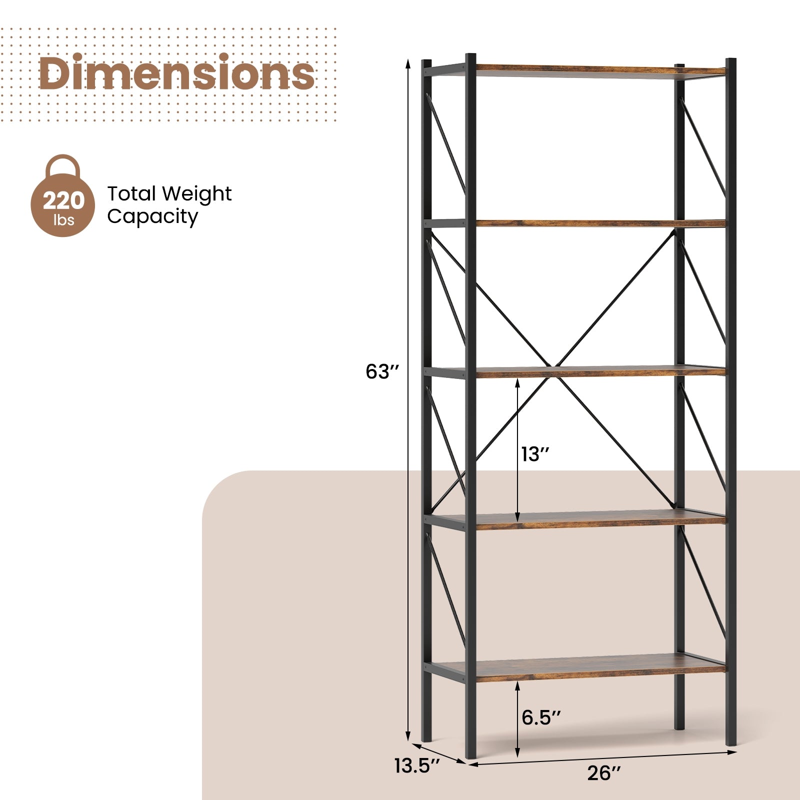 5-Tier Bookshelf with Open Shelves and Heavy Duty Metal Frame-Rustic Brown